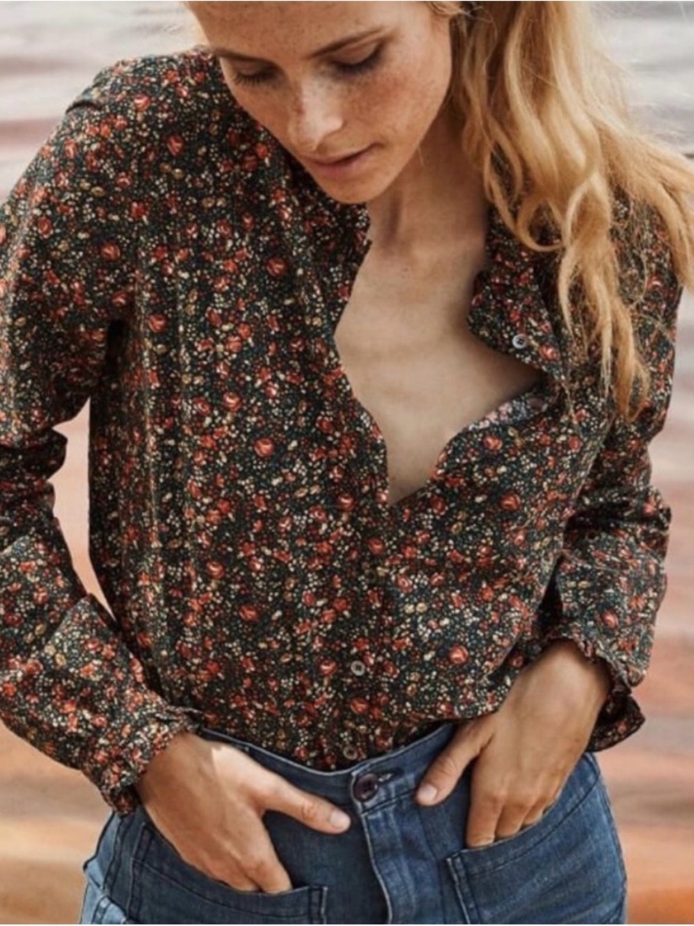 Dôen Swan Top in black petit jardin floral print, size XS